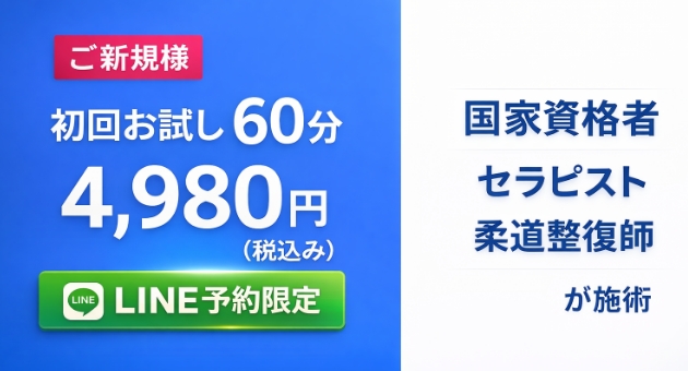 ご新規様 初回お試し60分 4,980円(税込み) 国家資格者セラピスト柔道整復師が施術